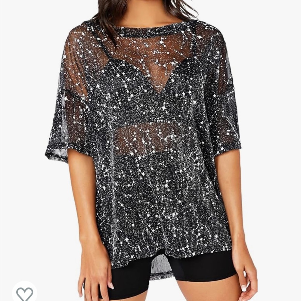 Women's Glitter Sheer See Through Short Sleeve